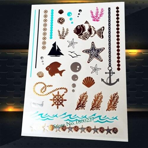 1PC Flash Metallic Waterproof Temporary Tattoo For Children, Kids Gifts Goldfish Shell Compass Tattoo Stickers, Women Body Art
