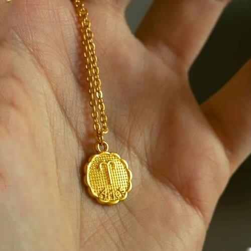 12 Zodiac Constellation Carve Coin Necklace Women Simple Copper Leo Beads Clavicle Gold Chain Necklace Sexy Couple Boho Jewelry