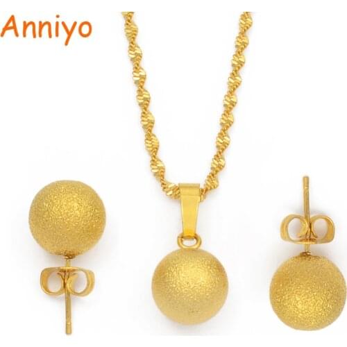 Anniyo Gold Color Frosted Beads Necklace Earrings for Women Girls Jewelry sets Round Ball Pendant Jewellery Gifts #192706