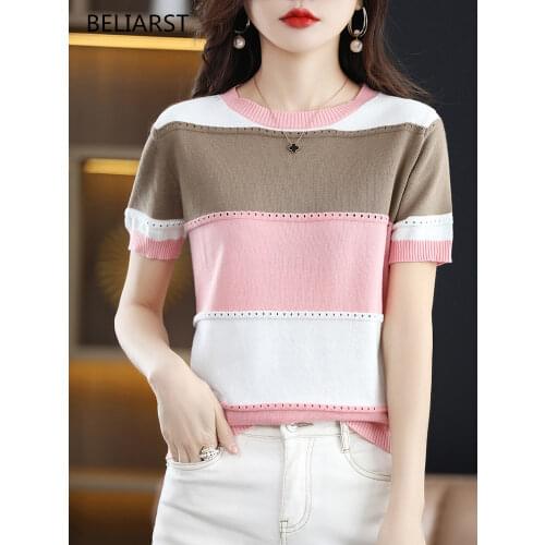 New Summer Short-Sleeved Womens Round Neck Color Matching Cardigan Half-Sleeved Loose Casual Knitted Bottoming Cardigan