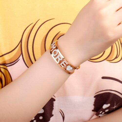 Stainless Steel AMORE Letter Bracelet Crystal Heart Star Cuff Bangle Rose Gold Bangle For Women Party Wedding Jewelry Gifts 2021