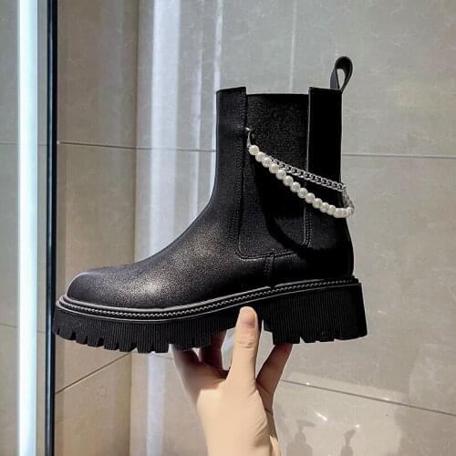 Black Chelsea Boots Platform Women Pearl Chain Chunky Ankle Boots Korean Style Slip on Short Boots Women Botines Mujer