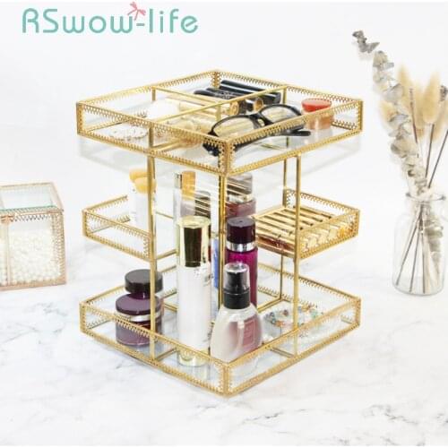 Retro Cosmetics Storage Box Transparent Rotary Shelf Glass Desktop Jewelry Storage Box Bead Storage Containers For Home