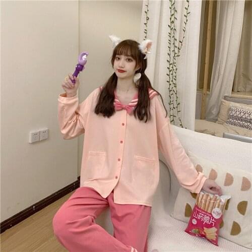 OLOMLB Cute Bow Long-Sleeve Womens Shirt Soft Sweet Sailor Collar Top For Girl Spring Autumn Cardigan Pajamas Suit Home Service