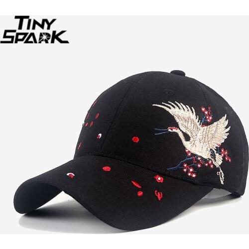 Men Hip Hop Cap Floral Crane Embroidery Japanese Style Harajuku Baseball Caps Snapback Dad Caps Women Fitted Hat Black White