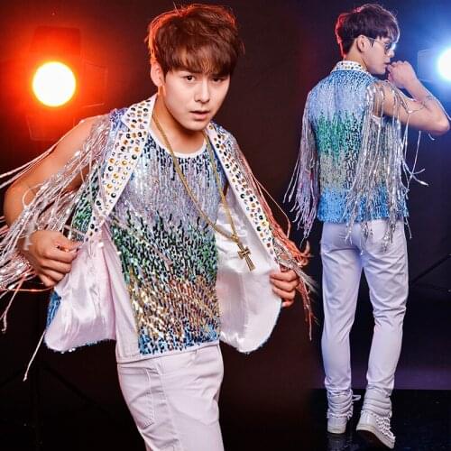 Men Stage Costumes For Singers Personality Tassel Sequin Crystal Diamond Jacket Vest White Pants Performing Clothes DNV11059