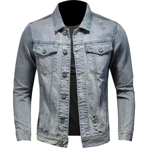 Mens Denim Coat Ripped jeans Jackets Distressed Vintage Cowboy Slim Tops Long Sleeve Casual Biker Jacket Classic Jean Outwear