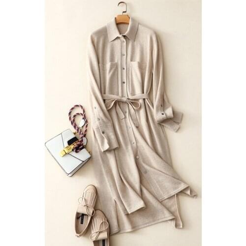 Winter new women turn-down collar dress high quality 100% superior cashmere knit dress with belt