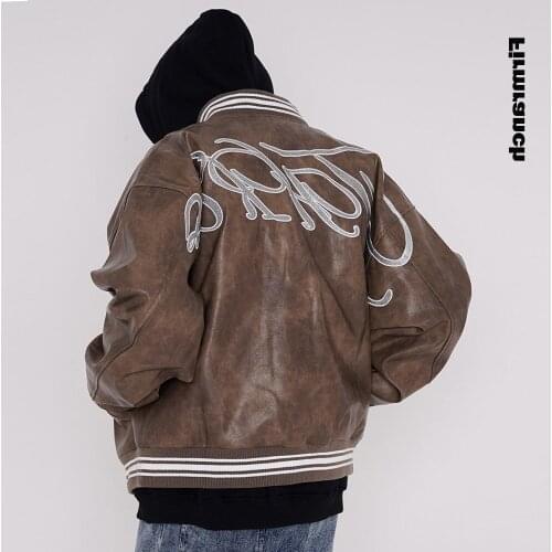 Autumn/Winter Men/Women Letters-embroidered Men PU Leather Jacket Make Old Baseball Uniform BF Casual Loose Overcoat