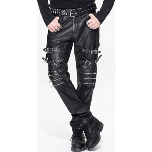 Punk Rock Leather Mens Trousers Gothic Pantalon Homme Casual Brand Clothing Straight Mens Pants With Pockets
