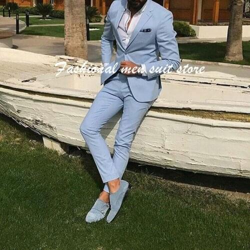 Light Sky Blue Slim Fit Mens Prom Suits Notched Lapel Groomsmen Beach Wedding Tuxedos For Men Blazers 2 Pieces (Jacket+Pant)