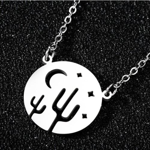 Simple Cactus Necklace Stainless Steel Night in desert Necklace Circle Pendant 2020 New Arrival Jewelry Gift for her