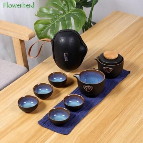 Retro Ceramic Porcelain Kung Fu Tea Set Teaware Travel Tea Pot Tea Cup Stoneware Tea Set Frosted Teapot Tea Cup Set of 6