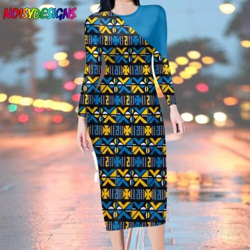NOISYDESIGNS Luxury Autumn Dresses Women Elegant Spring Party Dress Vintage Ankara Printed Long Sleeve Blue Pencil Dresses Mujer