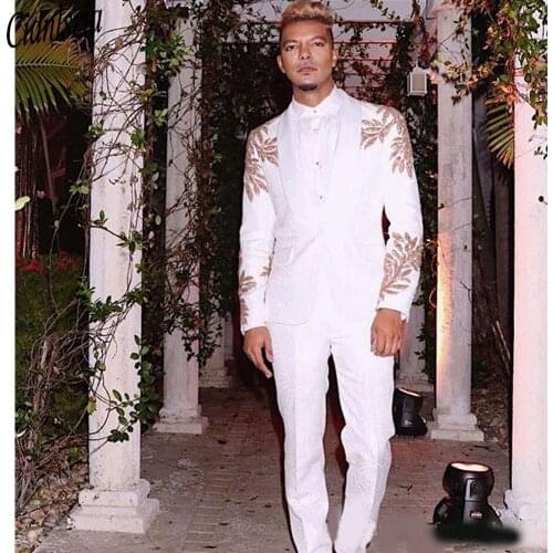Luxury Design Groom Tuxedos Shawl Lapel Groomsmen Mens Suits Gold Applique Man Jacket Blazer Suit(Jacket+Pants)