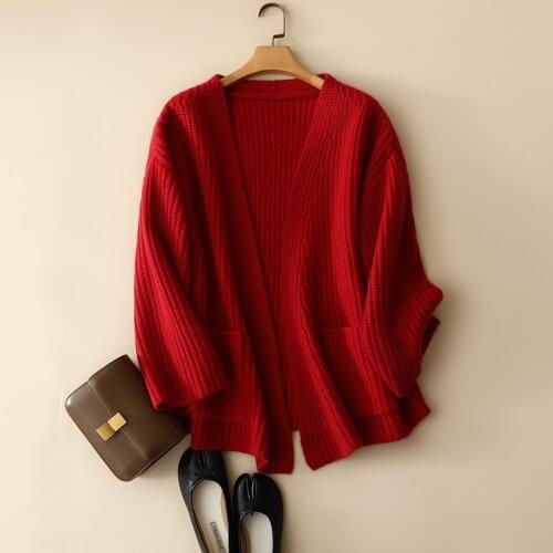 SHUCHAN 30% Cashmere+70% Wool Thick Vintage Cardigan V-Neck Pockets Women Winter Sweater Clothes Korean Fashion