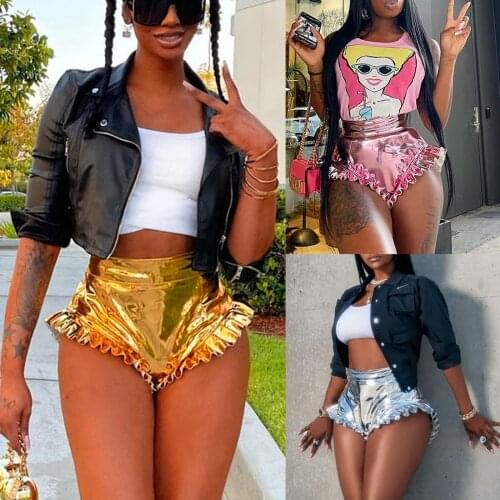Women Shiny Metallic Shorts Summer High Waist Solid Ruffle Trim Short Pants Ladies Club Party PU Leather Ruffle Y2K Trousers
