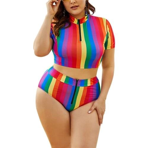 2XL 3XL 4XL 5XL Women Big Size Swimsuits Colorful Striped High Waist Bikini Women 2021 Summer Short Sleeve Plus Size Swimwear