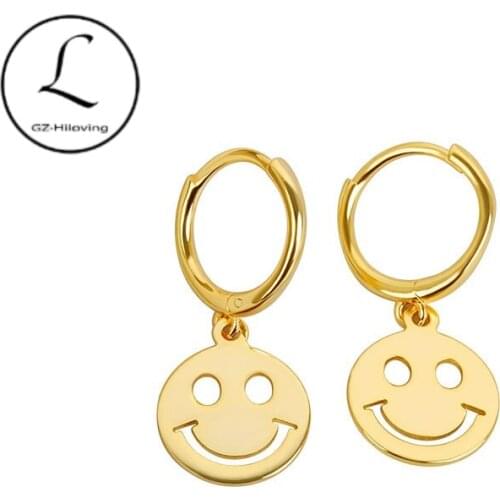 Stainless Steel Silver Round Smile Face Earrings for Ladies Fashion Happy Pendant Party Birthday Gift Handmade Jewelry Gold