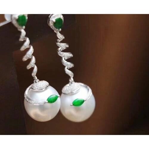 D727 Pearl Earrings Fine Jewelry 925 Sterling Silver Round 11mm Nature Fresh Water White Pearls Drop Dangle Earrings for Women