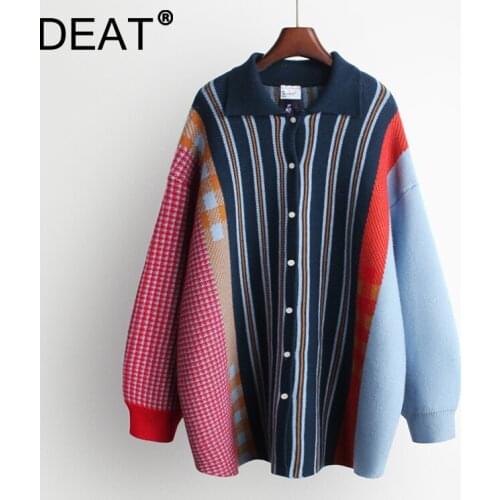 DEAT Woman Knit Sweater Hit Color Striped Lapel Collar Single Breasted Loose Casual Style Tops 2021 New Autumn Fashion 15JK387