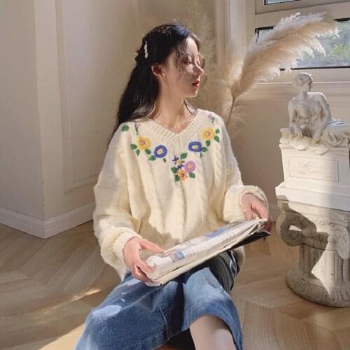 Zadily Chic Korean style Floral Embroidery Womens Sweater elegant V Neck Long Sleeve Knit Sweaters 2021 Winter Female Clothing