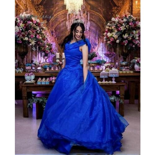 Cinderella Royal Blue Quinceanera Dresses Off The Shoulder Sweet 15 Dress Sexy Backless Organza Ruffles Formal Prom Pageant Gown