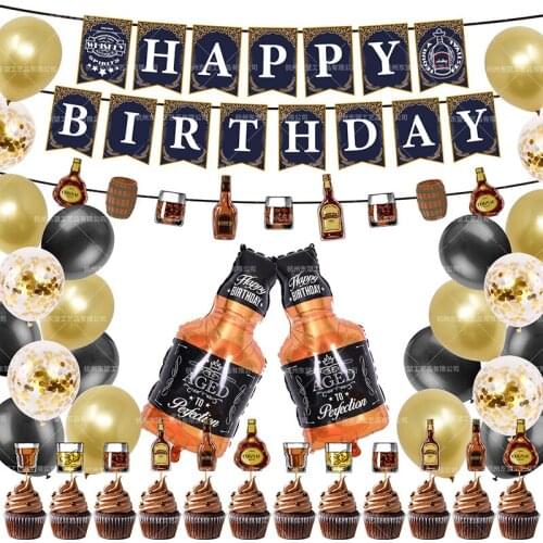 1set Whisky Bottle Helium Foil Latex Balloon Bunting Banner Birthday Cake Topper Bar Anniversary Decoration Adult Party Supplies
