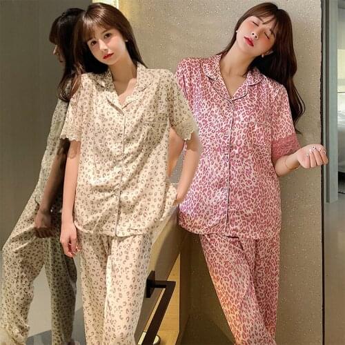 2021 Summer Sexy Leopard Silk Satin Short Sleeve Long Pants Pajama Sets for Women Sleepwear Pyjama Homewear Pijama Mujer Clothes