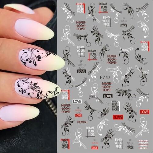 3D Nail Sticker Black Nail Design Gothic Letter Line Leaf Decals Self-Adhesive Abstract Butterfly Nail Design Decoration Tips