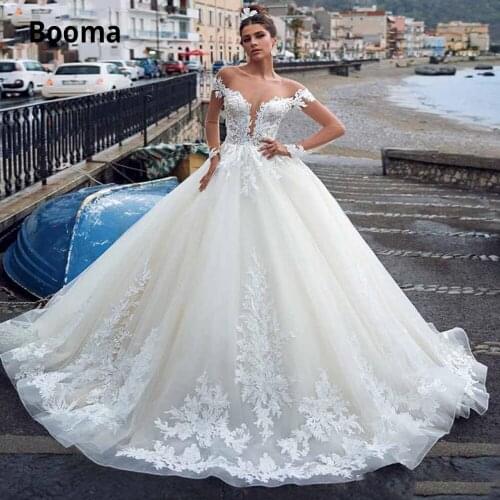 Booma Ball Gown Wedding Dresses 2020 Long Sleeve Elegant Lace Appliques Illusion Princess Bridal Gowns Plus Size Long Train