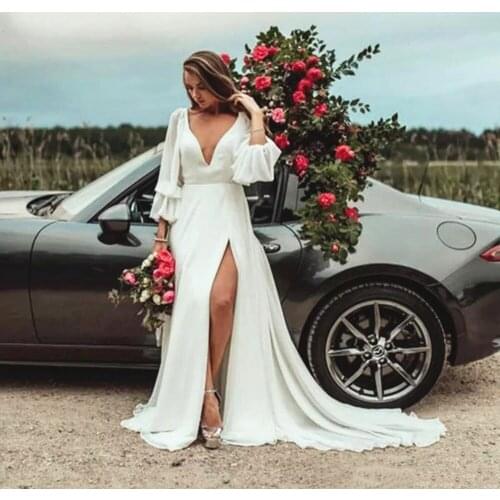 Boho Bohemian Wedding Dress Deep V Neck Open Back Long Sleeve Elegant Chiffon vestidos de novia Bridal Gowns Casual Beach