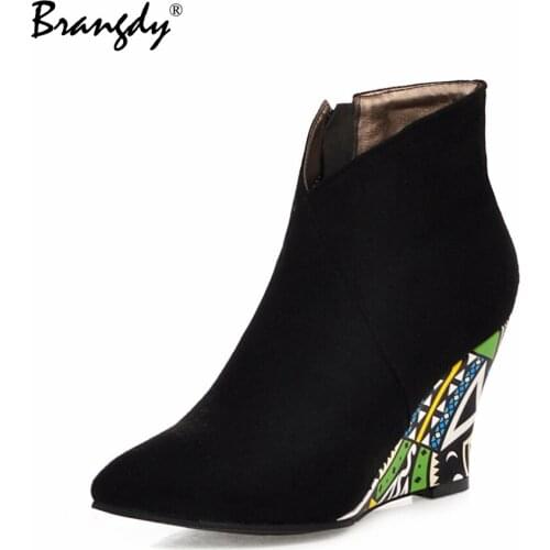 Brangdy 2022 Women Pumps Wedges Faux Suede Women Shoes Spring Summer Stampa Pointed Toe Comfortable High Heels Women Ankle Boots
