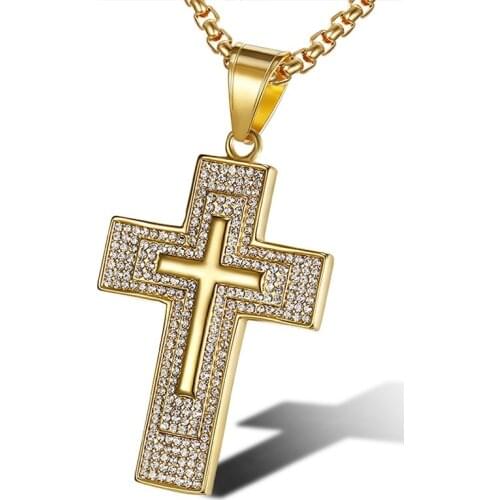 Hip Hop Iced Out Christian Cross Pendant Necklaces Male Gold Color Stainless Steel Chains For Men Jewelry Dropshipping