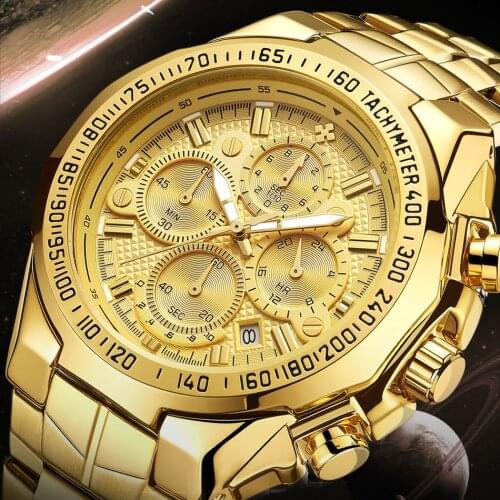 WWOOR Sports Chronograph Mens Watches Luxury Gold Full Steel Quartz Watch Men Military Waterproof Wrist Watch Relogio Masculino
