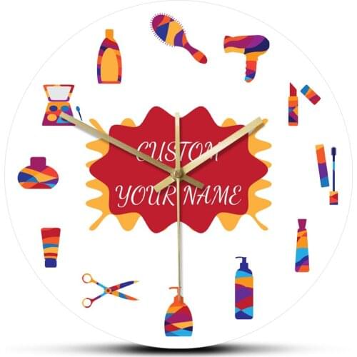 Custom Your Beauty Salon Name Silent Movement Acrylic Wall Hanging Clock Make-up and Hairdressing Icons Hair Salon Timepiece