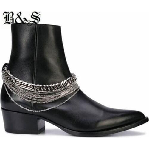 Black&Street Black leather cowhide pionted toe 5cm heel man dress wedding Grandeur new designer chain tassel Boots