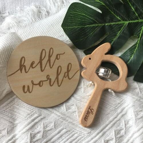 Baby Toys Wooden Rattle Infant Hello World Milestone Cards Personalized name For 0-12Months Baby Kids