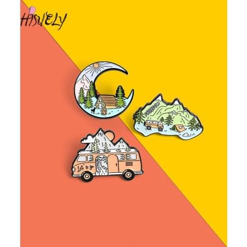 Go Camping Enamel Pins Custom Mountain Moon Tent Motorhome Brooches Shirt Lapel Badge Bag Outdoors Jewelry Gift for Kids Friends