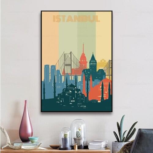 City Landscape Canvas Wall Art Painting Poster and Prints Istanbul City Retro Cityscape Minimalist Travel Posters for Home Decor