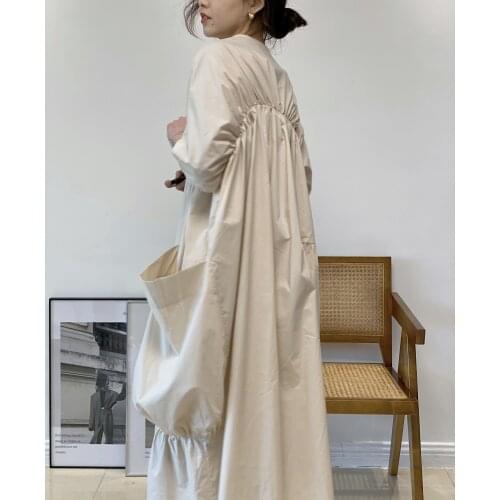 Neoclassical Cottagecore Pastel Cream Dusty Pink Crinkle Gathered Large Pocket Silhouette Cotton Day Dress Loose-Fit Kimono Gown