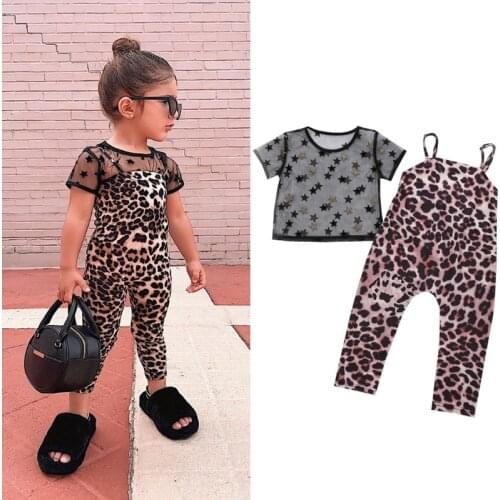 Citgeett Summer Kids Infant Baby Girls Outfits Mesh Star Print Short Sleeve Round Neck T-shirt + Leopard Overalls Clothes Set