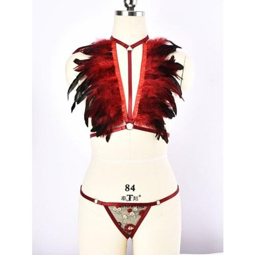 Feathers Epaulette Garters Belt Feathers pastel goth Body Harness Belt Sexy Lingerie Bondage Harness Lace Panties Set For Women