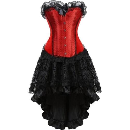 Steampunk Corset Skirt Women Overbust Lace Overlay Bustier Dress Satin Wedding Corselet Festival Rave Carnival Party Clubwear