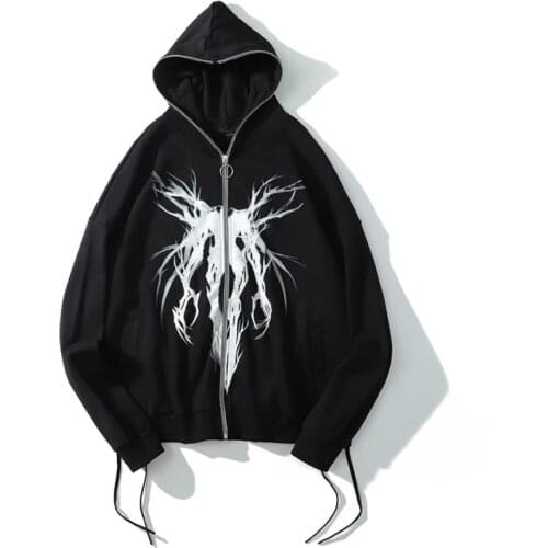 Y2K Punk Graphic Print Zipper Hooded Hoodie Men Casual Black Oversize Coat Fashion Sweatshirt Streetwear Autumn Streetwear