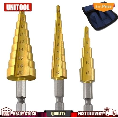 3pc Hss step drill bit set cone hole cutter Taper metric 4 - 12 / 20mm 1 / 4 "titanium coated metal hex core drill bits