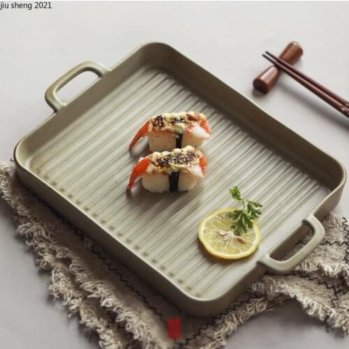 Nordic Ceramic Binaural Bakeware Rectangular Retro Tableware Home Dessert Fruit Plate Restaurant Dinner Plate Kitchen Supplies