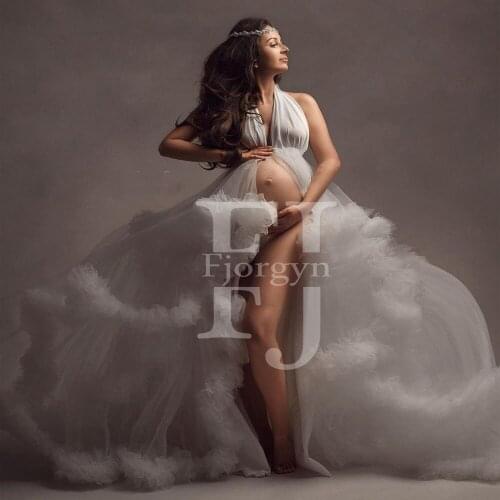 2021 New Arrival Sexy Halter Extra Puffy Tulle Maternity Gown Long Length Ruffles Tiered Front Slit Pregnant Woman Robes