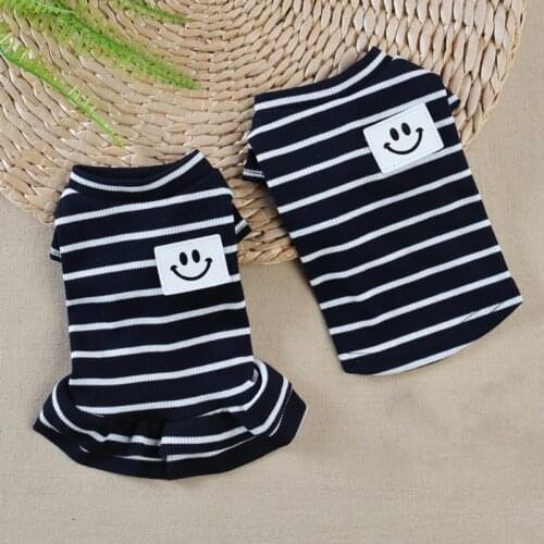 Pet Puppy Vest Smiling Face Paste Striped Shirt Dog Dress Short Sleeve Summer Black And White Striped T-shirt Dog Daily Supplies