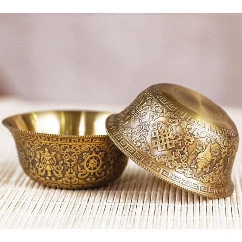 Relief Pure Copper Drinking Bowl Pure Brass Carved Auspicious Tibetan Holy Water Cup Golden Buddhist Bowl Homes Gift Decorative
